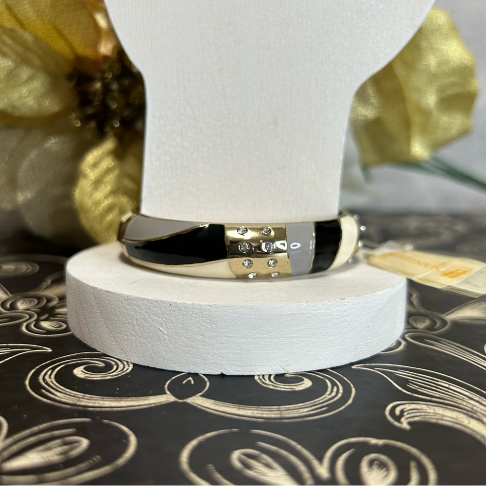 NWT Manluck Bracelet Grey Black Cream Gold with Rhinestones Open Clasp